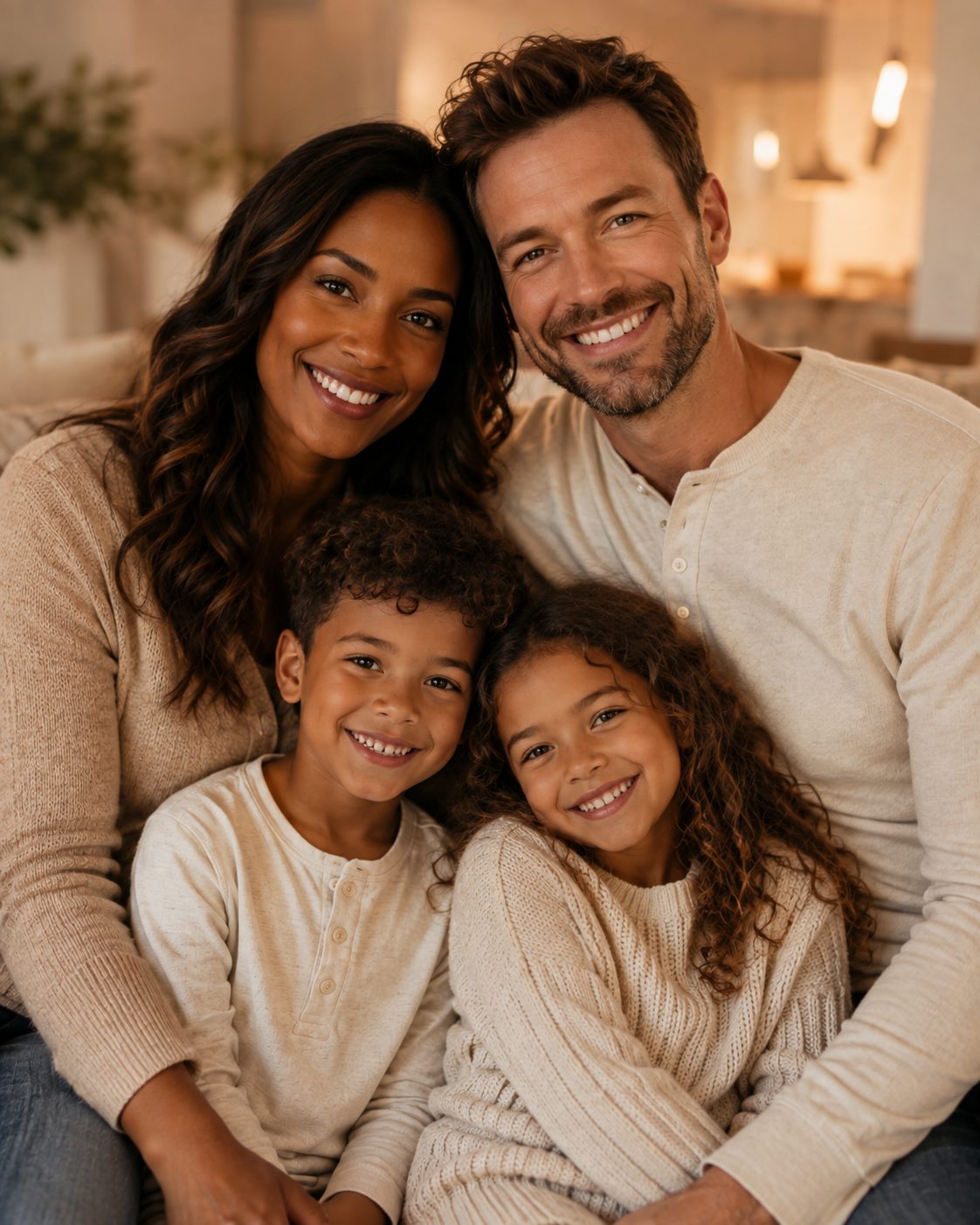 Two parents and two children sitting together at home